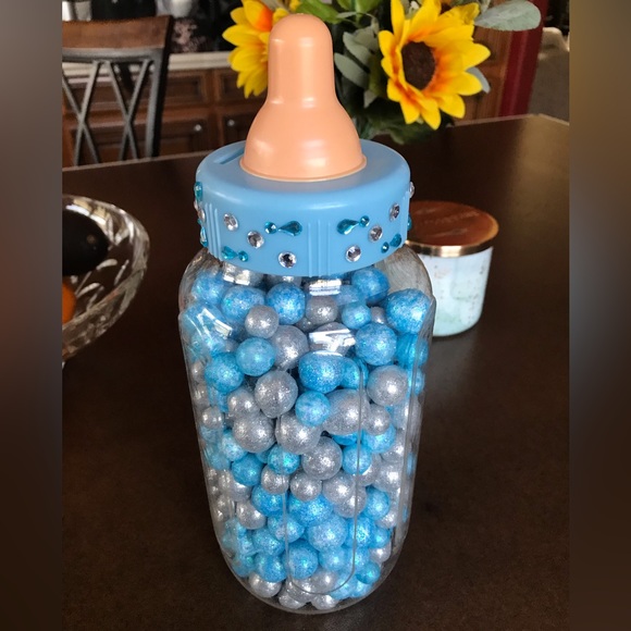 Giant baby bottle with blue & silver glitter balls. Baby shower guessing game. - Picture 2 of 5
